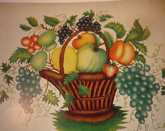 Vintage Folk Art Print - Basket of Fruit - Fine Art Print -