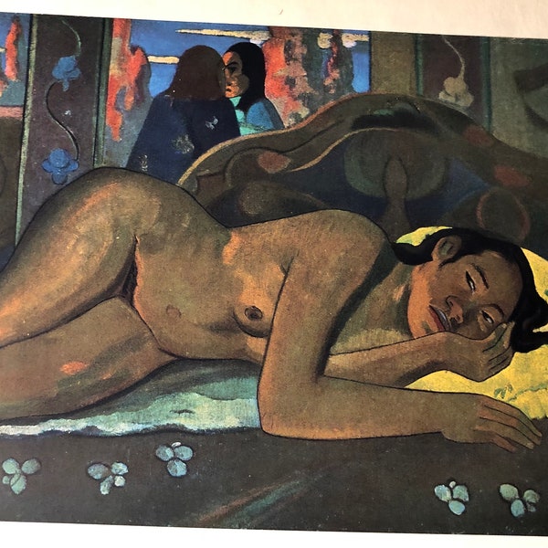 Nevermore par Gauguin vintage femme au repos publié impression 1950 11,5 par 16 Tahiti Framable Wall Art figure tropicale