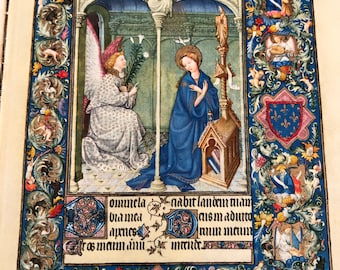 The Annunciation | Illuminated manuscript | Original Published lithograph 1958 | Religious art | Book of Hours | Framable Wall Art