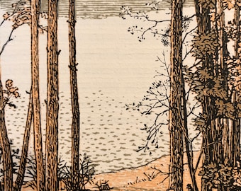 Walden Pond Thoreau’s Retreat Historisches Boston - Rudolph Ruzicka. Vintage Print 1975 in Holzplatte signiert - Wandkunst
