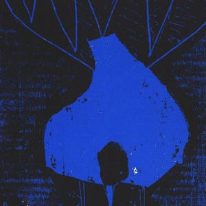 May include: A blue abstract print with black lines and a black shape in the center.