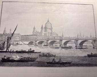 Puente de Blackfriars y la Basílica de San Pablo de Londres / Monumentos del siglo XVIII / Litografía vintage original publicada en 1973 / Obra lista para enmarcar