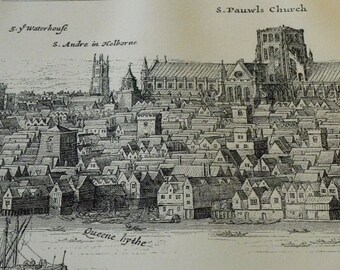 Old St. Pauls Cathedral London - view from the Thames - 1904 published etching  historical building for architects history London lovers