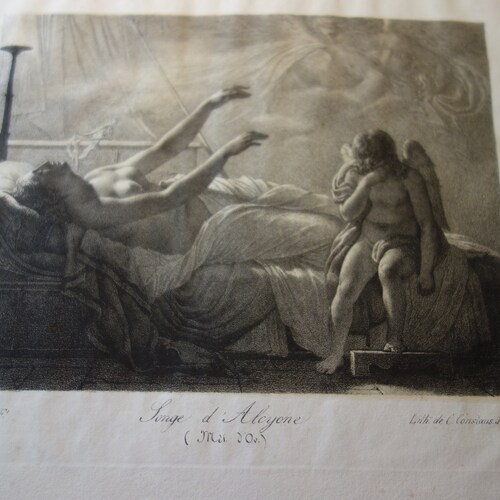 1750 Songe d'Alcyone (Halcyon), Antoine Béranger lithography Charles-Louis Constans Copper Etching shops Antique Neo Classical tragedy Greek myth
