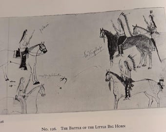 Battle of little Big Horn | Oglala Sioux Pictographic Art by Amos Bad Heart Bull | 1967 Vintage Published Lithograph | Wall Art