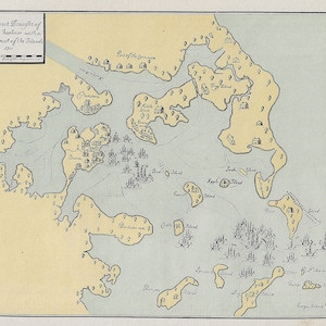 May include: An antique map of Boston Harbor, showing the islands and surrounding waters. The map is hand-drawn and features a light blue background with yellow landmasses. The text "An Exact Draught of Bastone harbour witha Sarmy of mast of the Titand about it." is printed in the upper left corner.