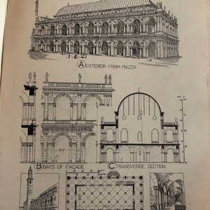 May include: A black and white architectural drawing of the Basilica in Vicenza, Italy. The drawing shows the exterior, bays of the facade, a transverse section, a sketch, and a plan of the building. The text "THE BASILICA: VICENZA" is at the top of the drawing.