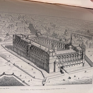 May include: An aerial view illustration of a large, ornate building complex, likely a palace or castle, with multiple wings, towers, and a central courtyard. The image is in black and white, with detailed architectural elements and surrounding landscape.