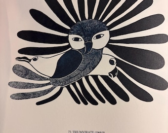 Kenojuakk Ashevak  Vintage print | Triumvirate, three owls. Framable wall Art