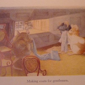 May include: Three mice are making coats for gentlemen. One mouse is holding a blue fabric, another is holding a white fabric, and the third mouse is looking at a cat through a window.