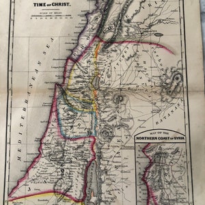 1868 Palästina in der Zeit Christi Original Landkarte Hand kolorierter Stahlstich 10 x 19 zoll Detaillierte Antike einrahmbare Heilige Land Jerusalem