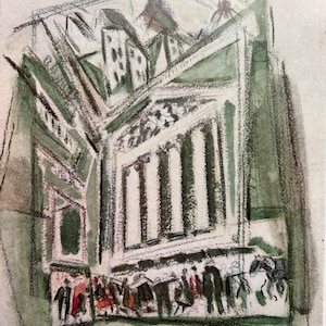 John Marin, Wall Street Stock Exchange| Oryginalna opublikowana litografia 1956 | Modernistyczny | Mid-Century Modern | Oprawiana sztuka ścienna