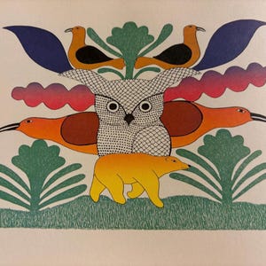 Owl at the Center by Kenojuakk | Stone Cut | Cape Dorset Baffin Island | Inuit print | Original Published Lithograph Wall Art