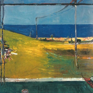 May include: A painting of a seascape viewed from a window. The sea is a deep blue, and the sky is a light blue. There is a grassy field in the foreground, and a few trees in the distance. The window frame is black, and there is a cup and saucer on a table in the foreground.