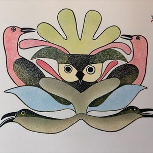 Owl and Friends by Kenojuakk | Stone Cut | Cape Dorset Baffin Island | Inuit print | Original Published Lithograph Wall Art