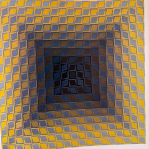 May include: Abstract geometric artwork featuring a square design with a series of nested squares. The artwork uses a repeating diamond pattern in shades of yellow, blue, and brown, creating a sense of depth and perspective. The central square is a dark brown.
