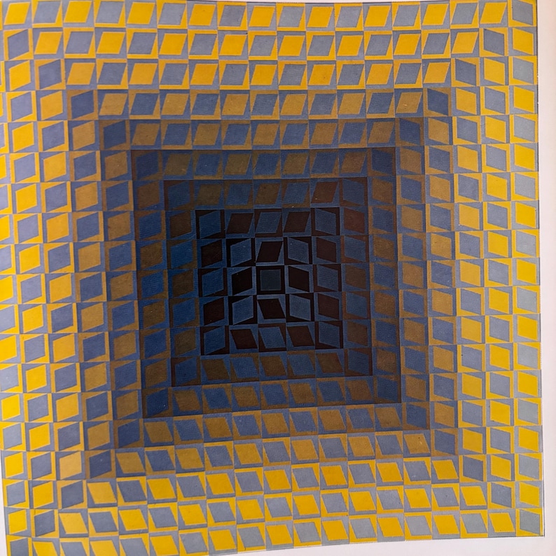 May include: Abstract geometric artwork featuring a square design with a series of nested squares. The artwork uses a repeating diamond pattern in shades of yellow, blue, and brown, creating a sense of depth and perspective. The central square is a dark brown.