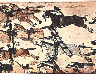 Battle of Little Big Horn | Oglala Sioux Ledger Art by Amos Bad Heart Bull | Indigenous Art| Wall Art