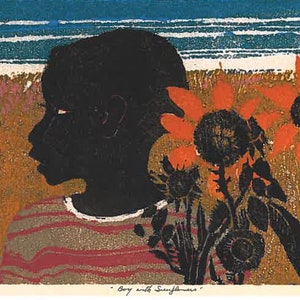 William Johnson Boy with Sunflower Giclee Art Print Abstract Expressionism framable art several finishes available Harlem Renaissance