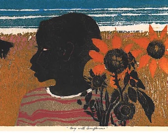 William Johnson Boy with Sunflower Giclee Art Print Abstract Expressionism framable art several finishes available Harlem Renaissance