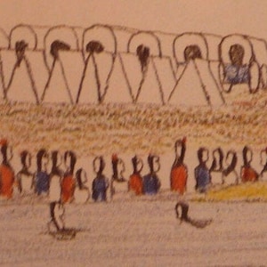 May include: A hand-drawn illustration depicting a group of people standing in front of a row of tents. The people are drawn in simple lines, while the tents are drawn in more detail. The illustration is rendered in shades of brown, black, and white.