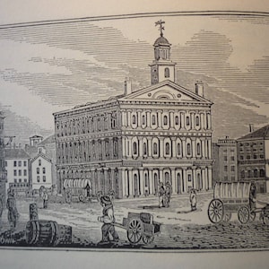Boston Faneuil Hall Massachusetts Town Engravings antique reprints from 1964 - New England Cities town history framable gift