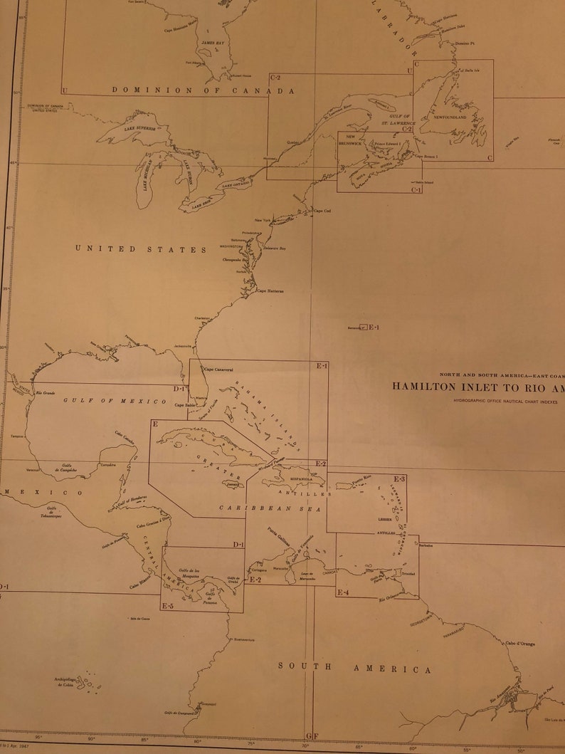 Nautical Map Americas Atlantic Coast 1947 US Dept of Navy From Brazil to Greenland Large Framable 28 by 20 inches map coastline Cartography