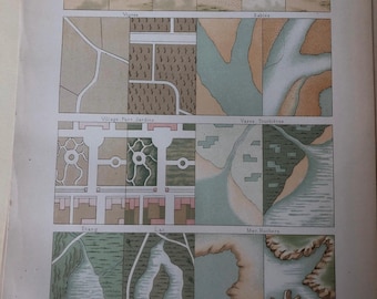 May include: A vintage illustration showing different types of terrain and land features. The image includes a key with labels in French, such as "Minute Friches", "Vases Tourbières", and "Mer Rochers".