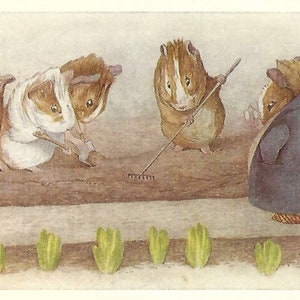 May include: An illustration depicts four anthropomorphic mice in a garden. Two mice are digging with small shovels, one is raking, and the last is wearing a blue coat. Green plants are in the foreground. The artwork has a vintage, storybook style.