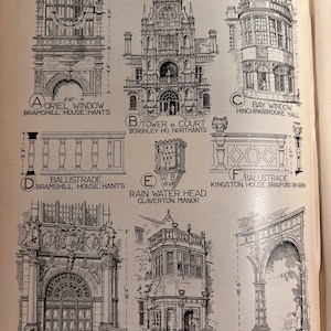 Details Engelse renaissance-architectuur Origineel 1924 muurkunst cadeau voor architect, ontwerpers. Huizen, kastelen Georgische neoklassieke plattegronden