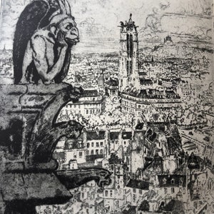 Joseph Pennell Paris View from a Gargoyle on Notre Dame Framable antique print 1926 published lithograph Fine detail cityscape The Stryge