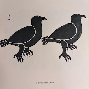 May include: Two black raven illustrations with white outlines, facing right, are depicted on a cream-colored background. The birds have detailed claws and beaks. The text "86 TWO RAVENS (1969/56)" is at the bottom.