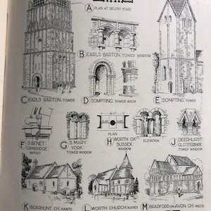 May include: A black and white line drawing illustration of different architectural styles from the Anglo-Saxon period. The illustration includes plans and elevations of churches, towers, and windows. The text labels the different architectural features, such as "Tower Window", "Tower Arch", and "Plan at Belfry Stage".