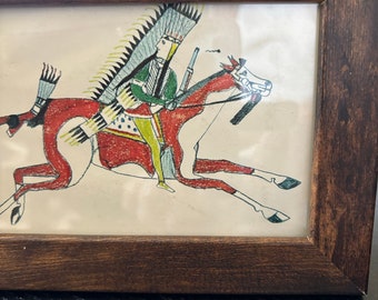 Cheyenne Warrior on Horseback Framed Plains American Indigenous Art print | Ledger Painting | Reproduction | Wall Art Home Decor