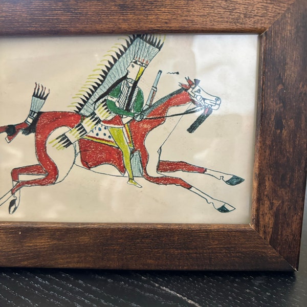 Cheyenne Warrior on Horseback Framed Plains American Indigenous Art print | Ledger Painting | Reproduction | Wall Art Home Decor