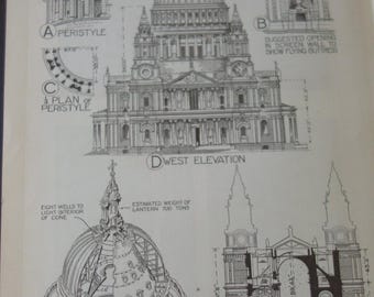 Peut inclure: Un dessin architectural en noir et blanc de la cathédrale Saint-Paul à Londres, en Angleterre. Le dessin montre l'extérieur de la cathédrale, y compris le dôme, l'élévation ouest et un plan du péristyle. Le dessin comprend également des étiquettes de texte identifiant les différentes parties de la cathédrale.