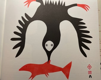 Inuit Art | Bird with a Fish by Lucy Qinnuayuak Signed in Plate | Stone Cut | Eskimo World | Original Published Lithograph Wall Art