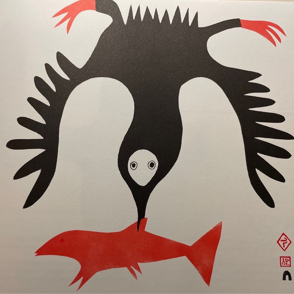 Inuit Art | Bird with a Fish by Lucy Qinnuayuak Signed in Plate | Stone Cut | Eskimo World | Original Published Lithograph Wall Art