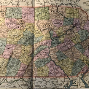Carte de Pennsylvanie de 1886, lithographie colorée à la main Americana 13 x 22 pouces, grande décoration murale d'art à encadrer, histoire des États-Unis, deux pages