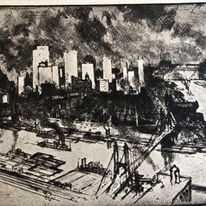 Joseph Pennell Pittsburgh Skyline 1909 Downtown  Framable antique print  published lithograph Fine detail cityscape