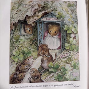 May include: A watercolor illustration of a family of mice selling peppermints and candles. The mice are standing in front of a small house with a sign that reads "J. Dormouse".