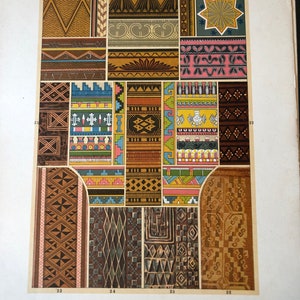 Op de afbeelding: Een vintage illustratie van 26 verschillende geometrische patronen, gelabeld "Primitive" en "Primitiv". De patronen zijn een mix van bruine, gele, rode, blauwe en groene kleuren.