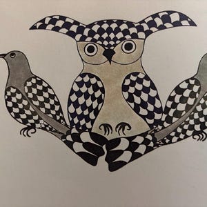Owl with Seagulls by Kenojuakk | Stone Cut | Cape Dorset Baffin Island | Inuit print | Original Published Lithograph Wall Art
