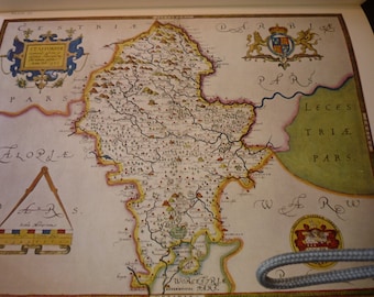 Staffordshire 1577 by Christopher Saxton Reproduction color print framable map history of England gift for history lover