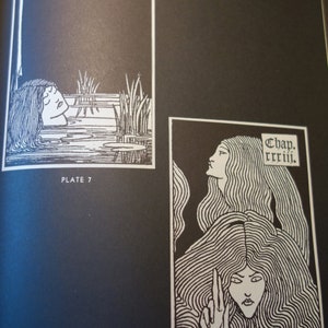 Op de afbeelding: Zwart-witte illustratie van een vrouw met lang, golvend haar. De vrouw kijkt naar de zijkant en heeft haar hand omhoog. De tekst "Chap. rrii." staat in de rechterbovenhoek van de afbeelding.