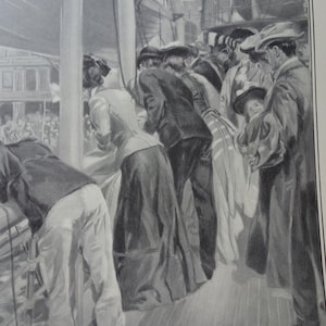 May include: A black and white illustration of people looking out of a window on a ship. The people are dressed in clothing from the early 1900s.