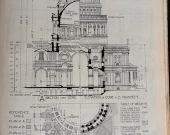 Peut inclure: Un diagramme en noir et blanc de la cathédrale Saint-Paul à Londres, en Angleterre. Le diagramme montre la construction du dôme, y compris les 32 contreforts, les tambours intérieur et extérieur, et les chaînes utilisées pour renforcer la structure. Le diagramme comprend également un tableau des poids du dôme.