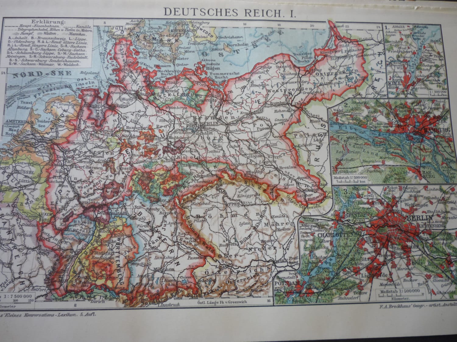 ビンテージドイツ地図 ドイツ帝国 - 1910年ドイツ語 - 両面カラー