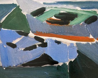 May include: Abstract landscape painting with a palette of blues, greens, and orange. The artwork features broad brushstrokes and a textured canvas, depicting a coastal scene with a light blue sky and dark green landforms.