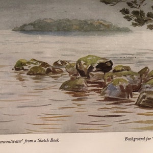 Puede incluir: Pintura a la acuarela de una escena lacustre con una pequeña isla al fondo. El primer plano presenta rocas cubiertas de musgo parcialmente sumergidas en el agua. La pintura tiene una paleta de colores suaves, con tonos grises, verdes y marrones.